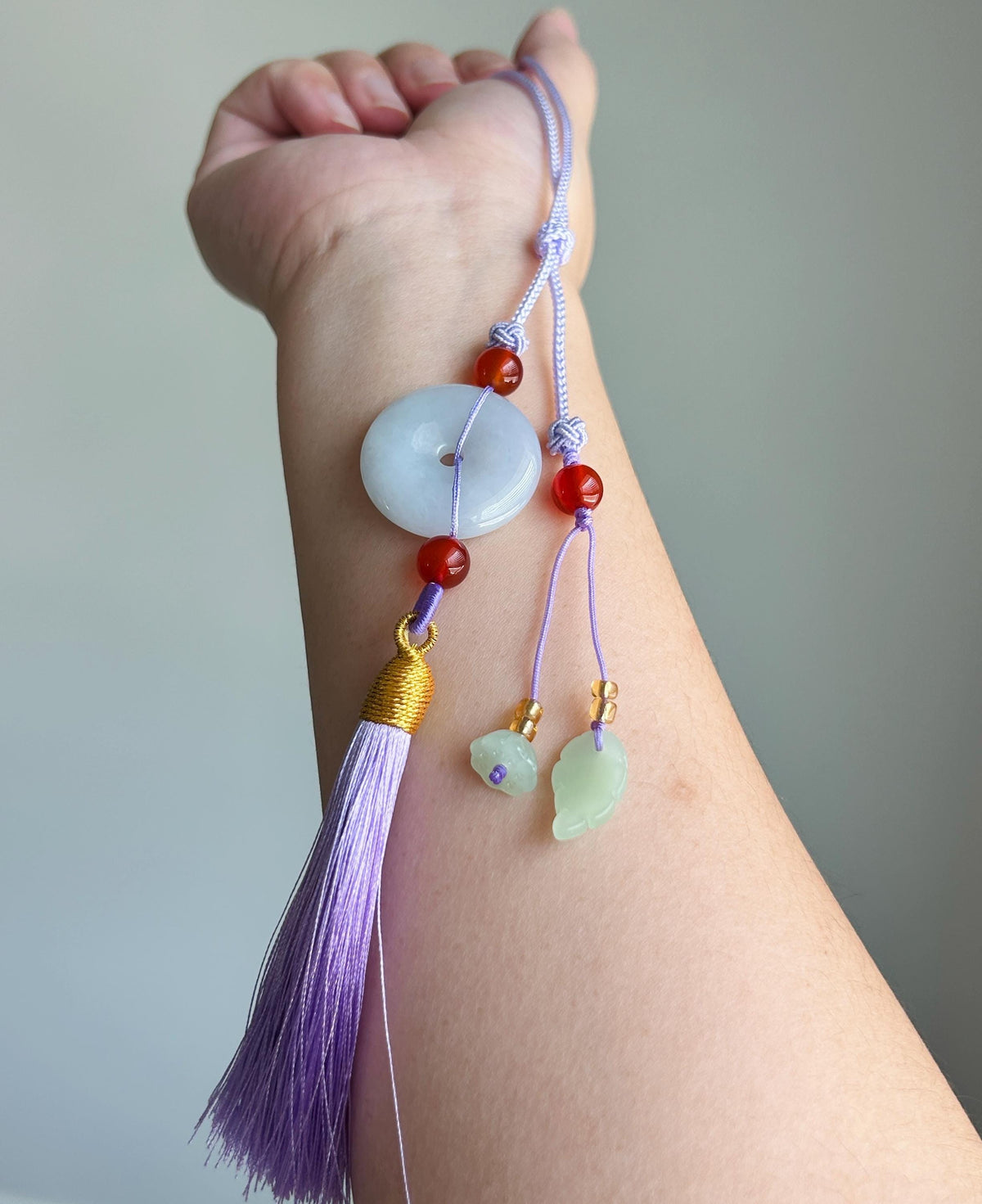 Natural Jadeite Donut Tassel Bag Charm Burmese Type A Icy White Jade Pendant, Oriental Lucky Accessory