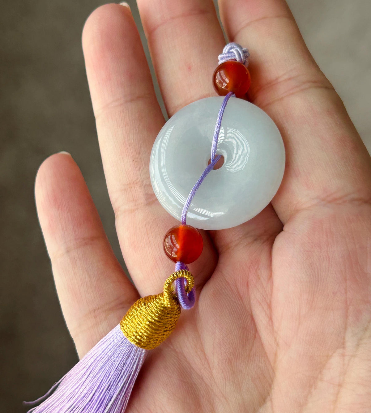 Natural Jadeite Donut Tassel Bag Charm Burmese Type A Icy White Jade Pendant, Oriental Lucky Accessory