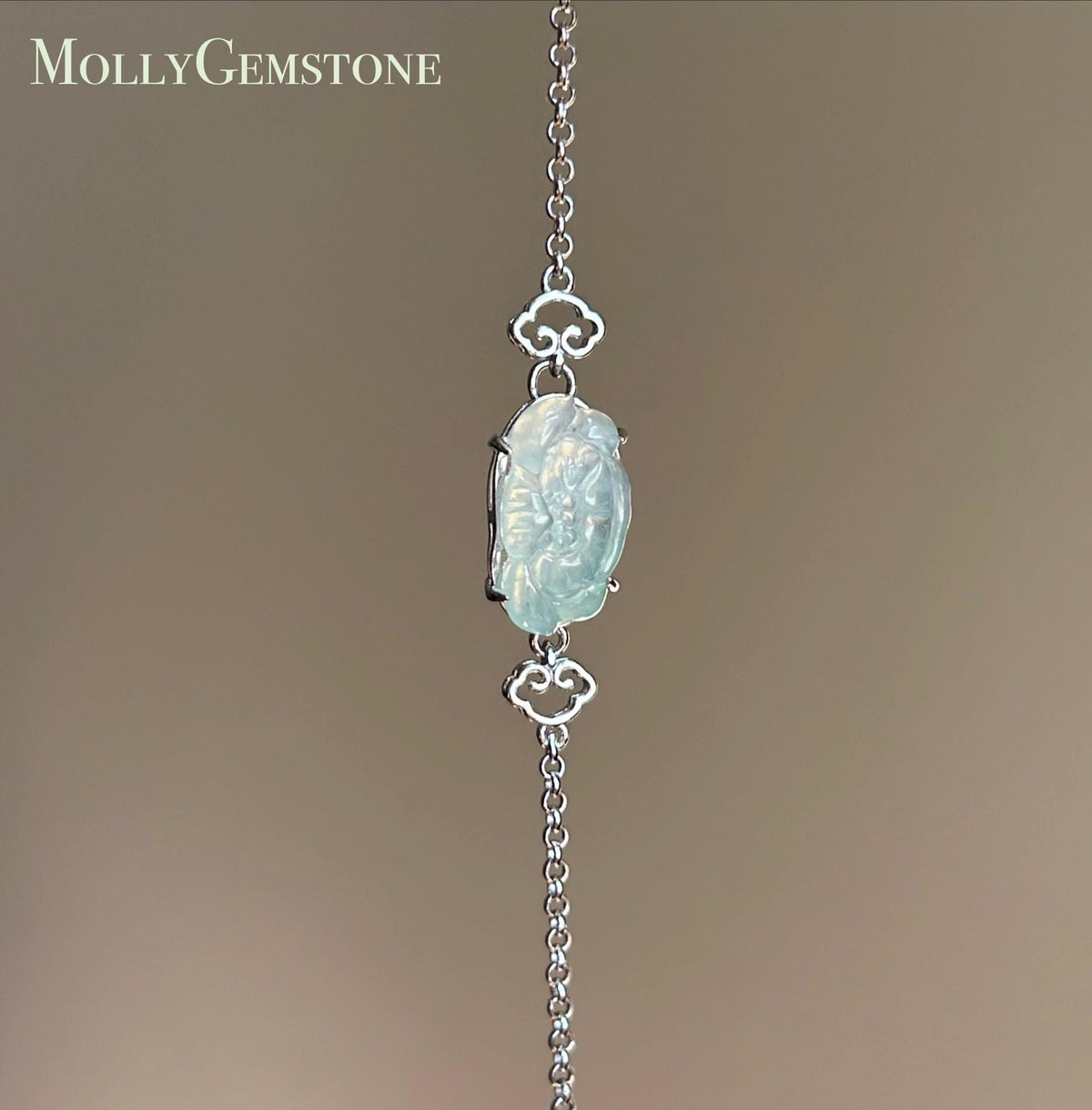 Natural Jadeite Lotus Dainty Bracelet, Burmese Type A Icy Pale Green Jade, Highly Translucent, Sterling Silver