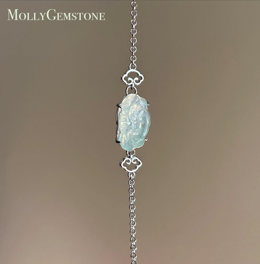 Natural Jadeite Lotus Dainty Bracelet, Burmese Type A Icy Pale Green Jade, Highly Translucent, Sterling Silver