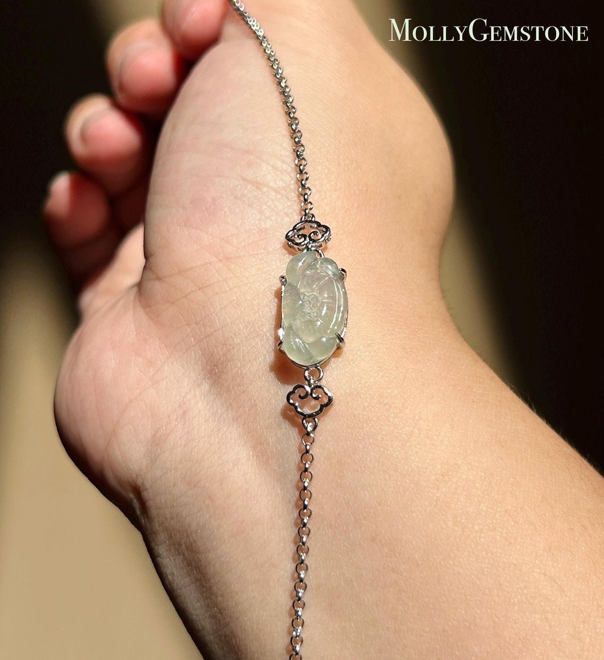 Natural Jadeite Lotus Dainty Bracelet, Burmese Type A Icy Pale Green Jade, Highly Translucent, Sterling Silver