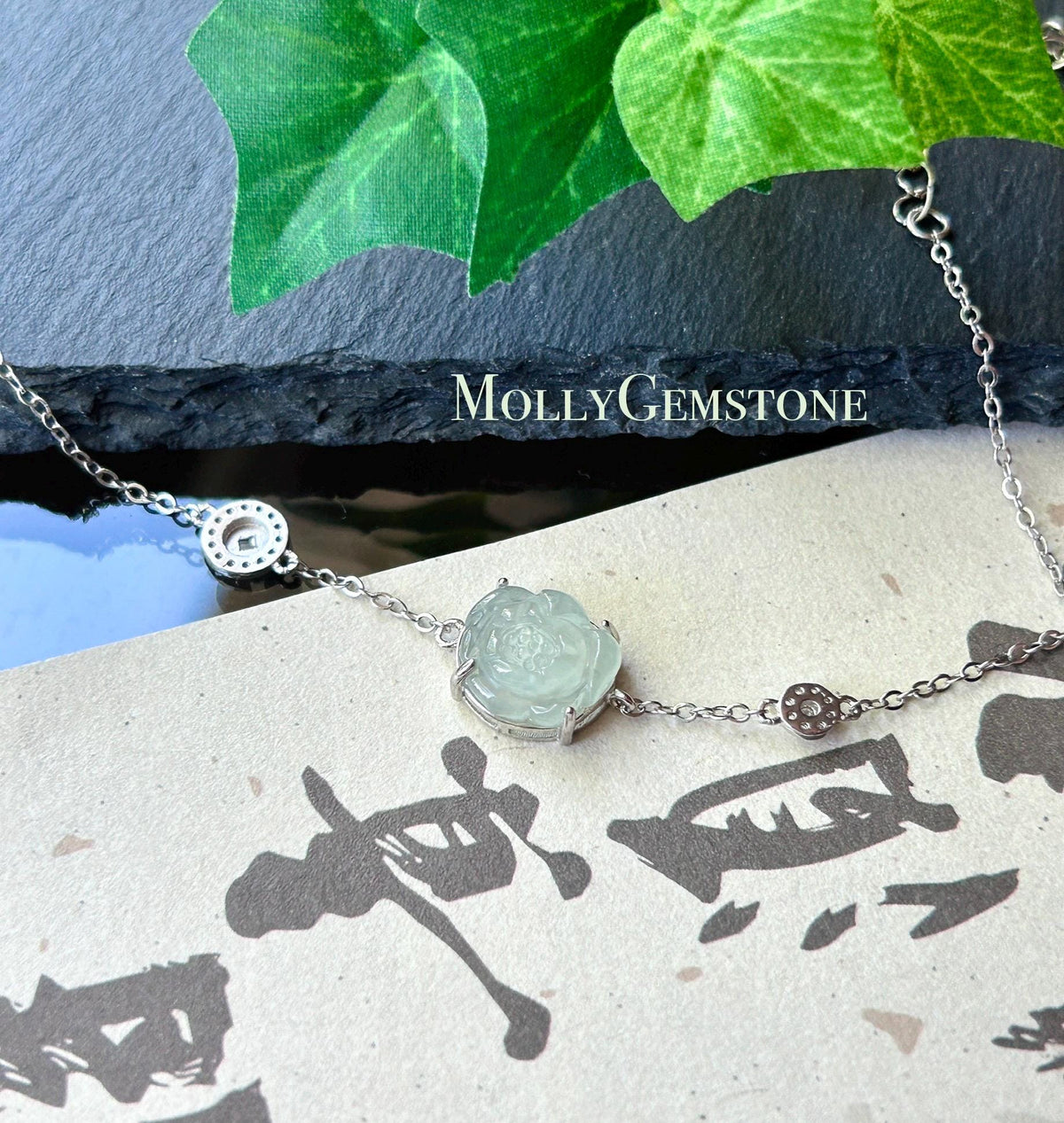 Natural Jadeite Lotus Dainty Bracelet, Burmese Type A Icy Pale Green Jade, Highly Translucent, Sterling Silver