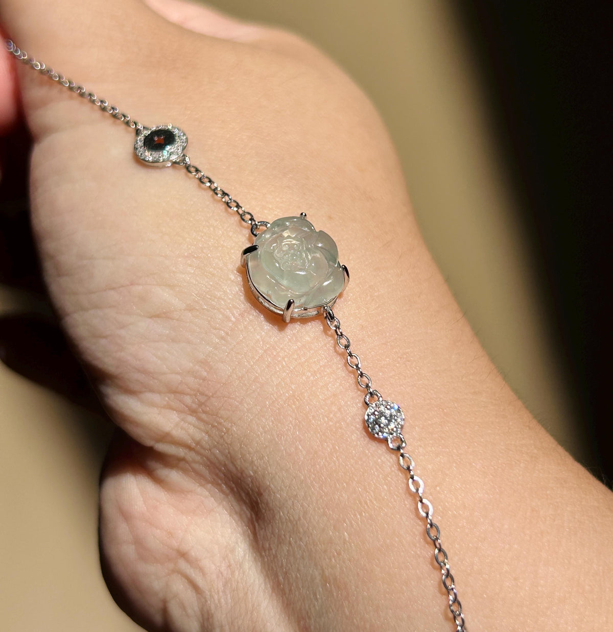 Natural Jadeite Lotus Dainty Bracelet, Burmese Type A Icy Pale Green Jade, Highly Translucent, Sterling Silver