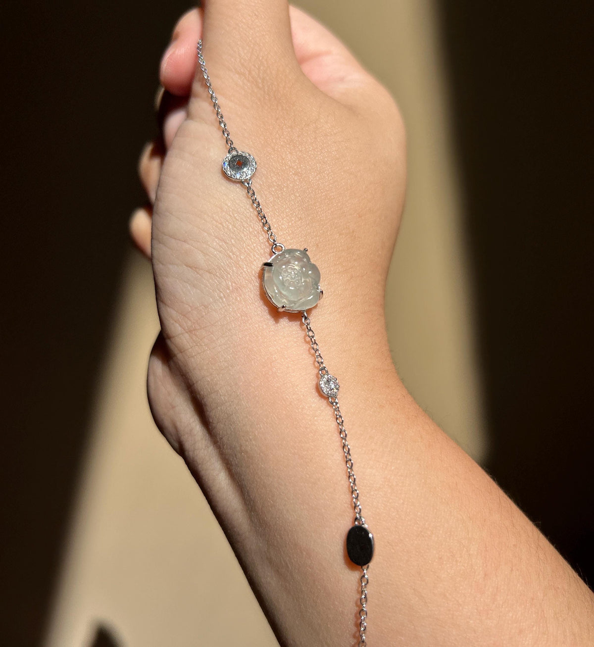Natural Jadeite Lotus Dainty Bracelet, Burmese Type A Icy Pale Green Jade, Highly Translucent, Sterling Silver