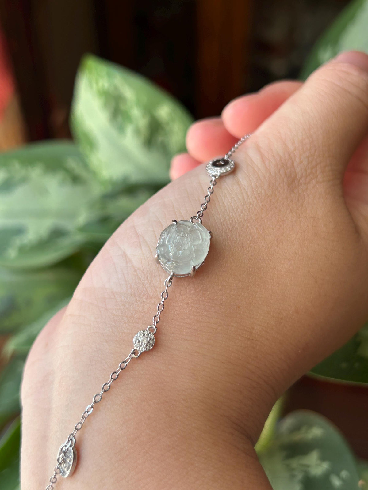 Natural Jadeite Lotus Dainty Bracelet, Burmese Type A Icy Pale Green Jade, Highly Translucent, Sterling Silver