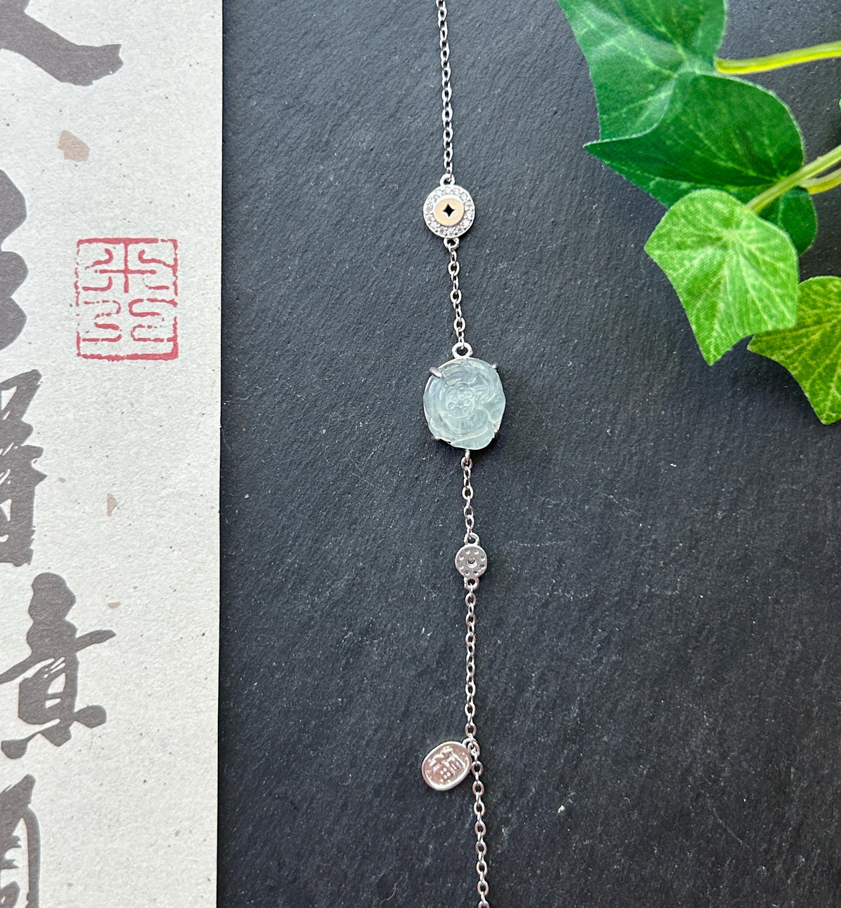 Natural Jadeite Lotus Dainty Bracelet, Burmese Type A Icy Pale Green Jade, Highly Translucent, Sterling Silver