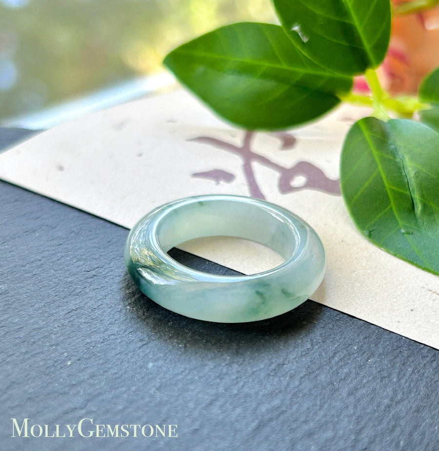 Certified Natural Jadeite Band Ring | Burmese Type A Highly Translucent Icy Bluish Green Floral Jade | US 7 |17mm
