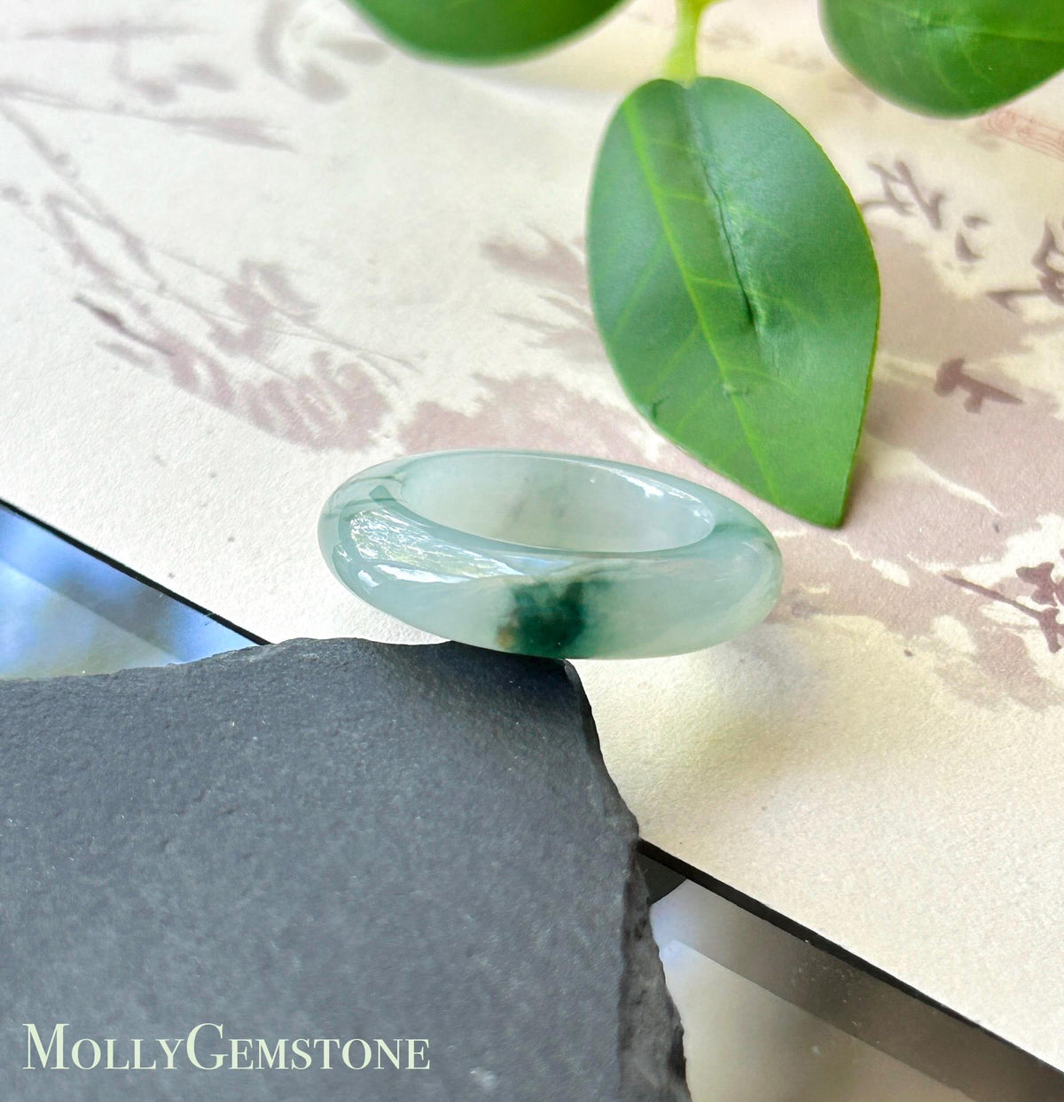 Certified Natural Jadeite Band Ring | Burmese Type A Highly Translucent Icy Bluish Green Floral Jade | US 7 |17mm