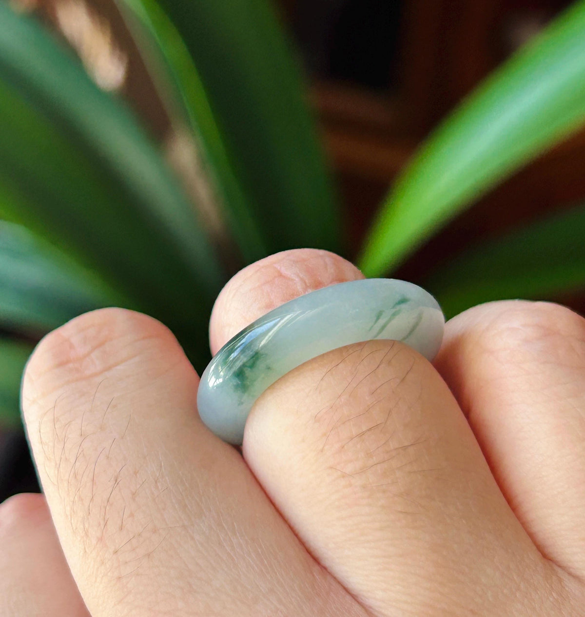 Certified Natural Jadeite Band Ring | Burmese Type A Highly Translucent Icy Bluish Green Floral Jade | US 7 |17mm