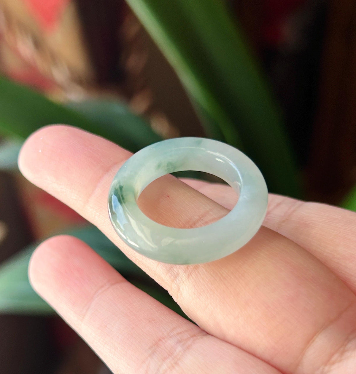 Certified Natural Jadeite Band Ring | Burmese Type A Highly Translucent Icy Bluish Green Floral Jade | US 7 |17mm