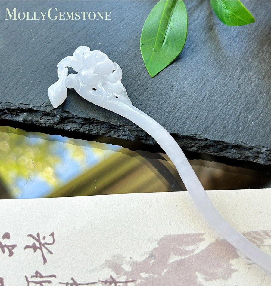 Natural Jadeite Lotus Hair Pin Burmese Type A Icy Moonlight White Jade Hanfu Accessories Handmade Jewelry