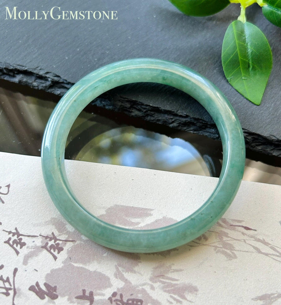 Certified Natural Jadeite Bangle – Burmese Type A Untreated Icy Glutinous Bluish Water Green Jade, Round- D Cut, 56mm