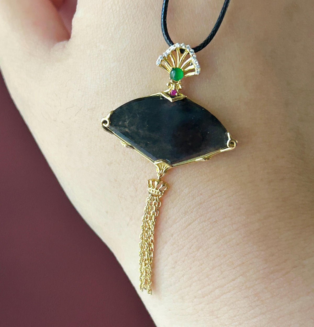 Certified Natural Jadeite Fan Pendant Burmese Type A Highly Translucent Icy WuJi Black Jade, 18k Vermeil, Sterling Silver