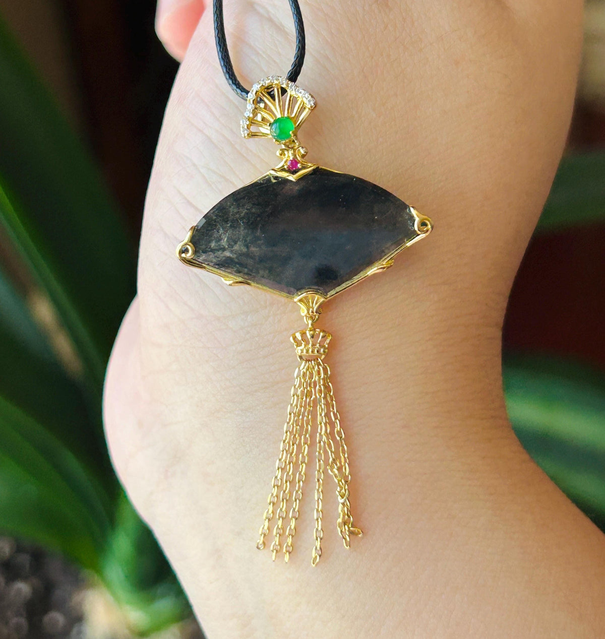 Certified Natural Jadeite Fan Pendant Burmese Type A Highly Translucent Icy WuJi Black Jade, 18k Vermeil, Sterling Silver
