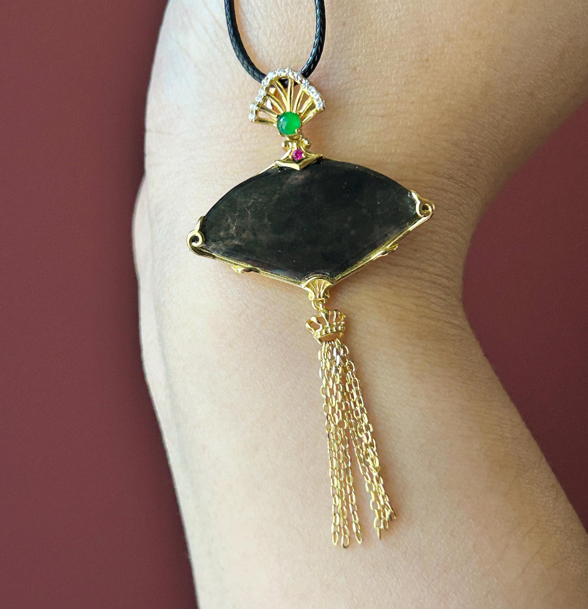 Certified Natural Jadeite Fan Pendant Burmese Type A Highly Translucent Icy WuJi Black Jade, 18k Vermeil, Sterling Silver