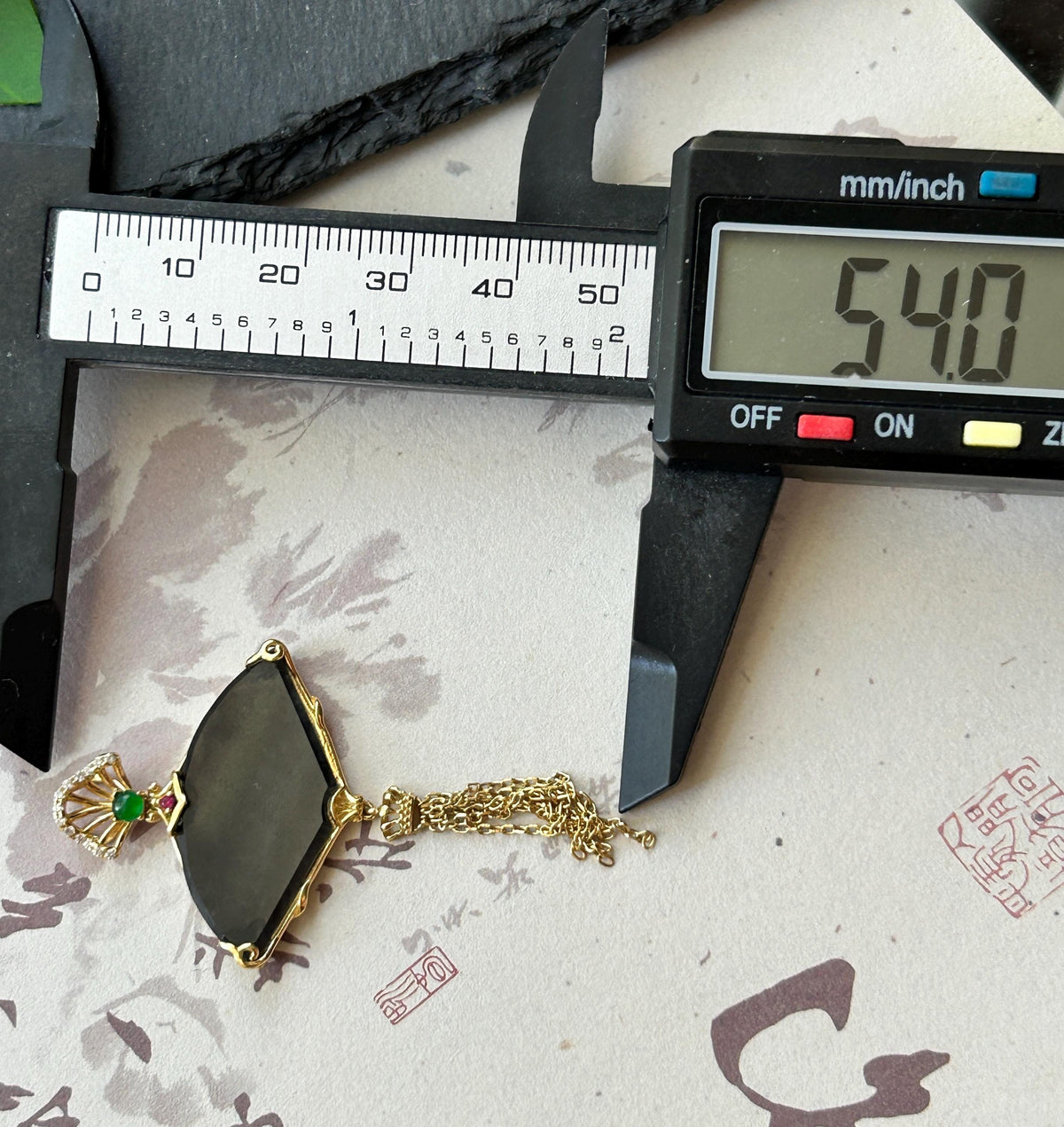 Certified Natural Jadeite Fan Pendant Burmese Type A Highly Translucent Icy WuJi Black Jade, 18k Vermeil, Sterling Silver