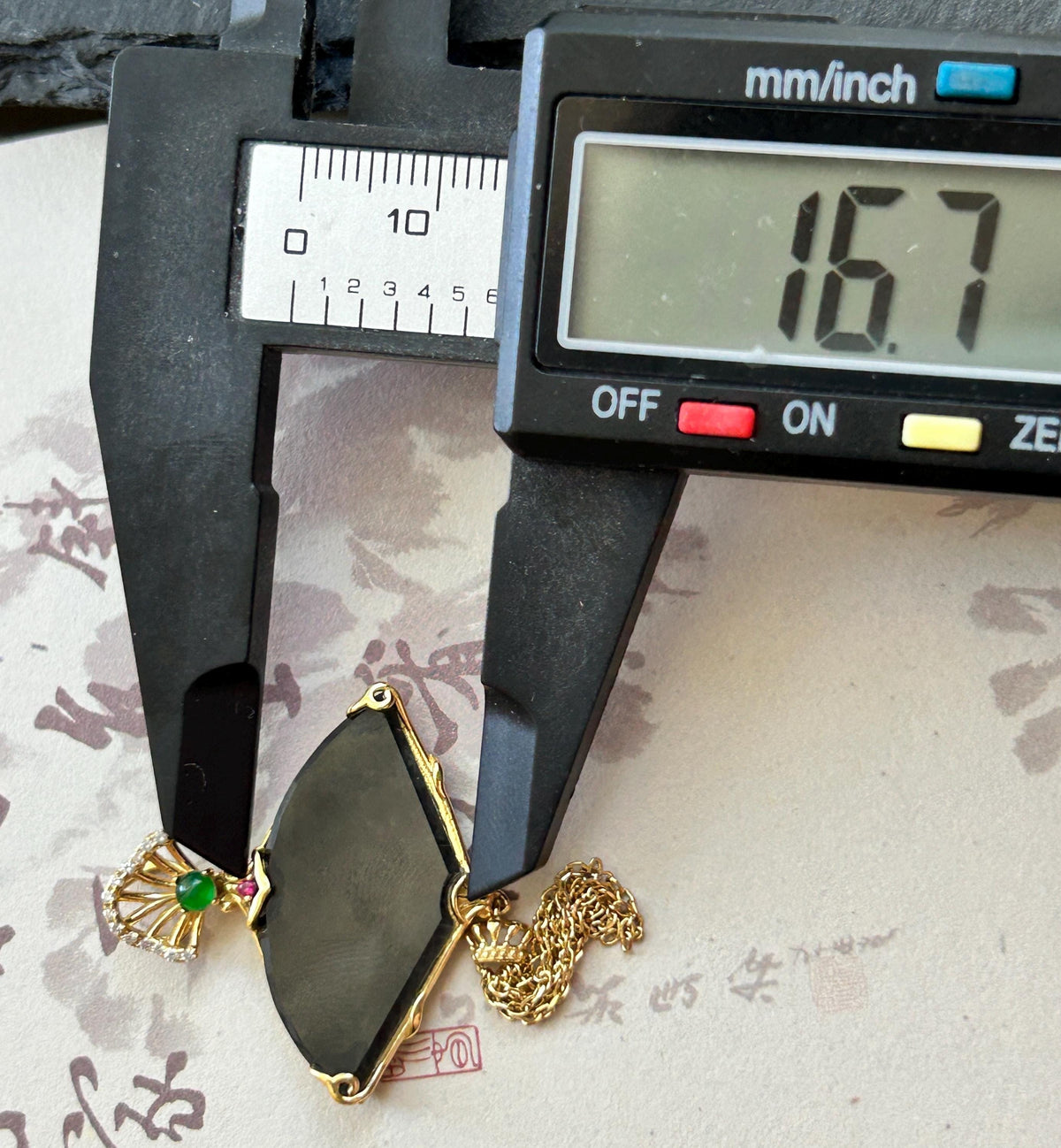 Certified Natural Jadeite Fan Pendant Burmese Type A Highly Translucent Icy WuJi Black Jade, 18k Vermeil, Sterling Silver