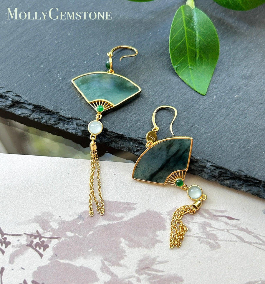 Certified Natural Jadeite Fan Earrings, Guatemalan Type A Icy Translucent Dark Green Floral/Black WuJi Jade, 18k Vermeil, Sterling Silver