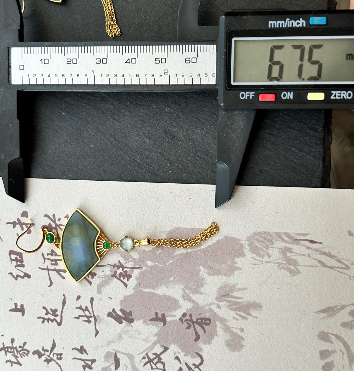 Certified Natural Jadeite Fan Earrings, Guatemalan Type A Icy Translucent Dark Green Floral/Black WuJi Jade, 18k Vermeil, Sterling Silver