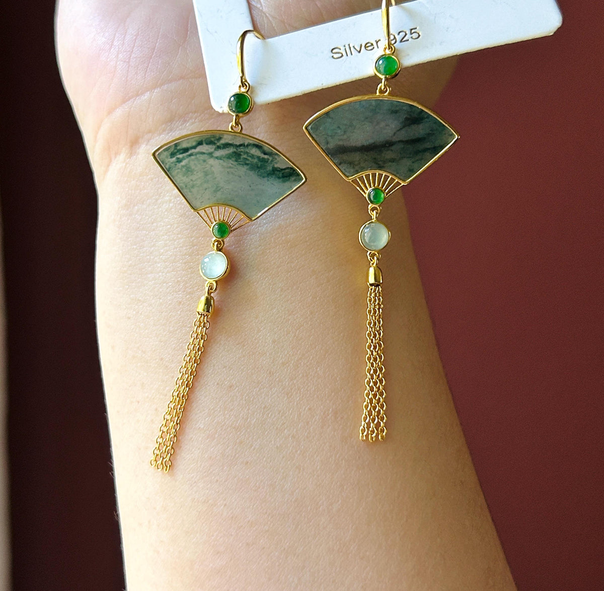 Certified Natural Jadeite Fan Earrings, Guatemalan Type A Icy Translucent Dark Green Floral/Black WuJi Jade, 18k Vermeil, Sterling Silver