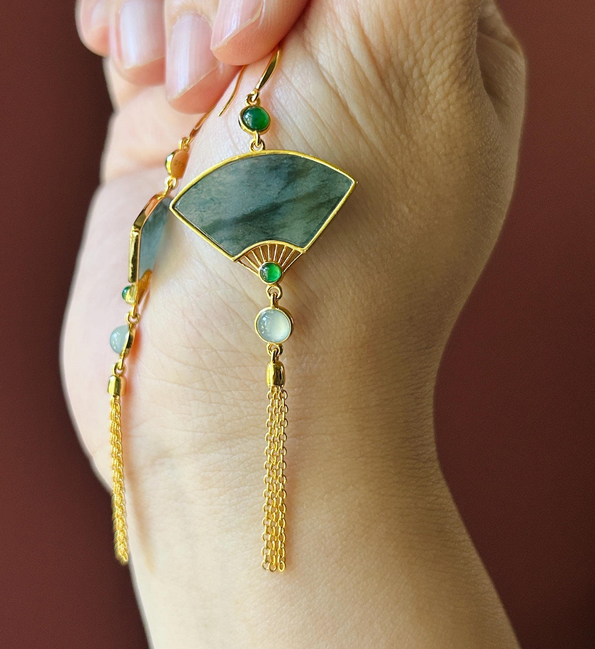 Certified Natural Jadeite Fan Earrings, Guatemalan Type A Icy Translucent Dark Green Floral/Black WuJi Jade, 18k Vermeil, Sterling Silver