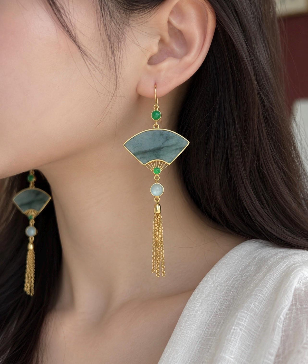 Certified Natural Jadeite Fan Earrings, Guatemalan Type A Icy Translucent Dark Green Floral/Black WuJi Jade, 18k Vermeil, Sterling Silver