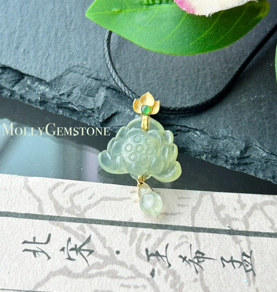 Natural Jadeite Lotus Pendant Minimalist Jewelry Burmese Type A Highly Translucent Icy Light Lemon Yellow Jade, 18k Solid Gold Bail