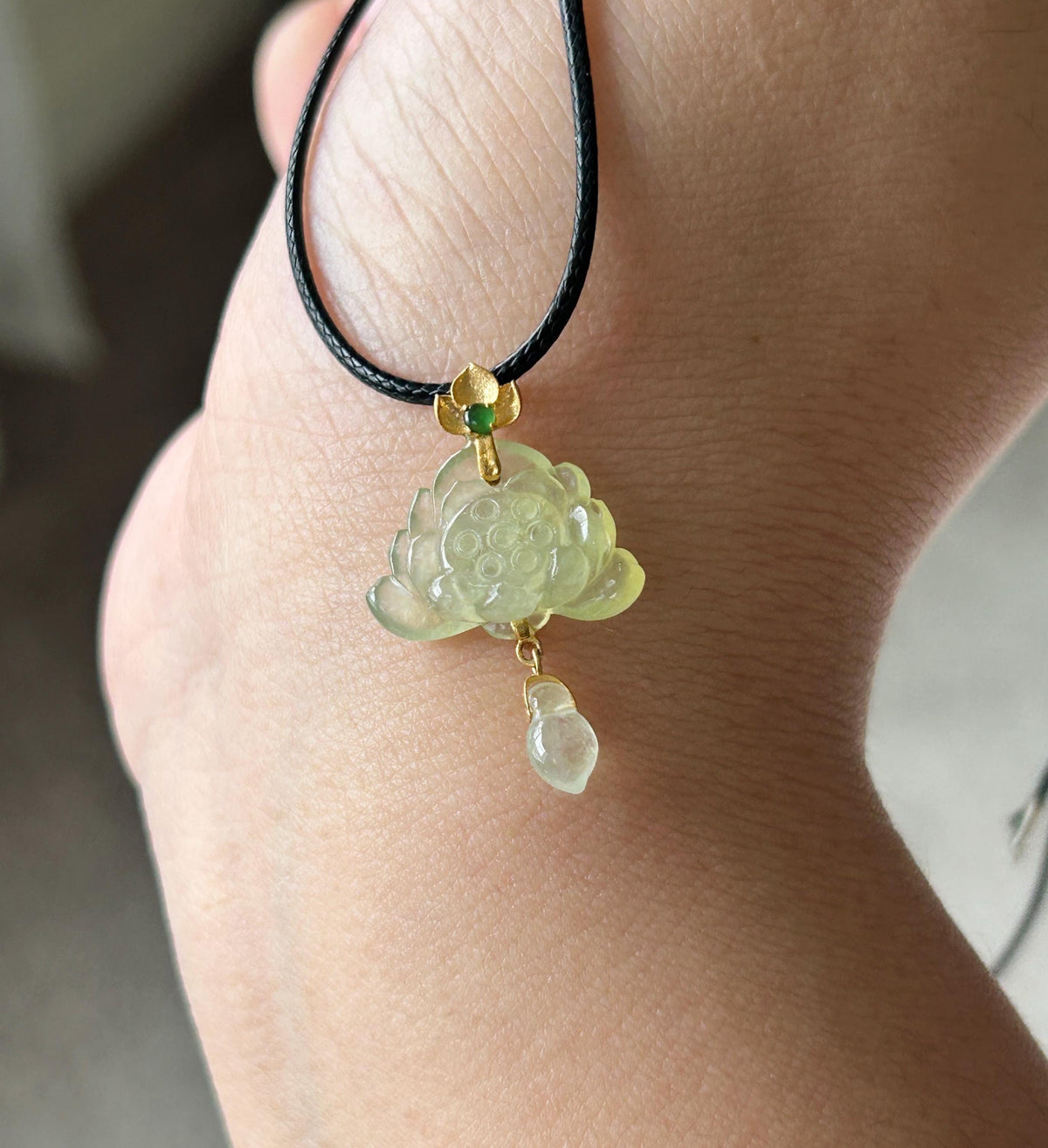 Natural Jadeite Lotus Pendant Minimalist Jewelry Burmese Type A Highly Translucent Icy Light Lemon Yellow Jade, 18k Solid Gold Bail