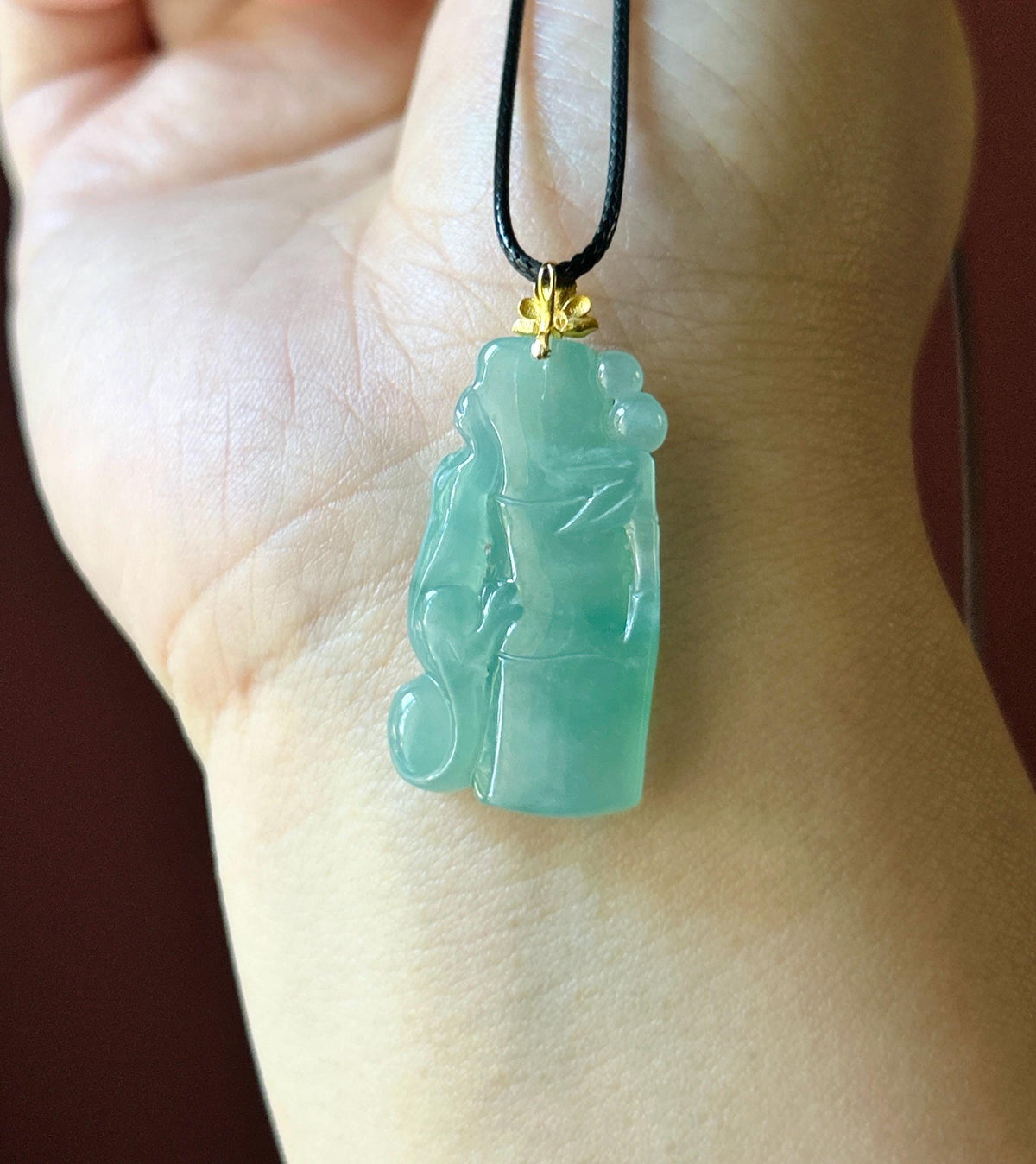 Certified Natural Jadeite Bamboo & Lizard Pendant | Burmese Type A Icy Translucent Bluish Green Floral Jade | 18K Solid Gold Bail