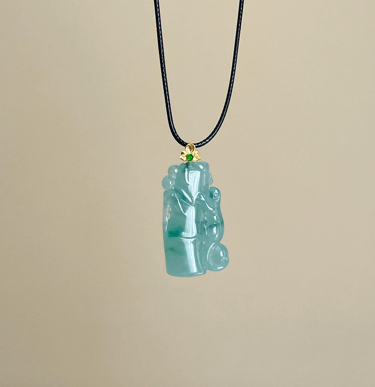 Certified Natural Jadeite Bamboo & Lizard Pendant | Burmese Type A Icy Translucent Bluish Green Floral Jade | 18K Solid Gold Bail