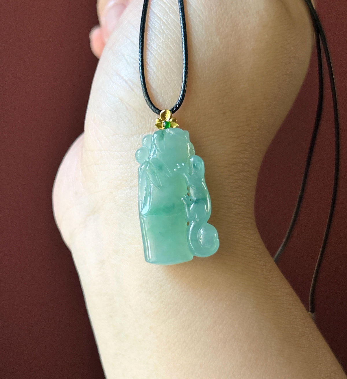 Certified Natural Jadeite Bamboo & Lizard Pendant | Burmese Type A Icy Translucent Bluish Green Floral Jade | 18K Solid Gold Bail