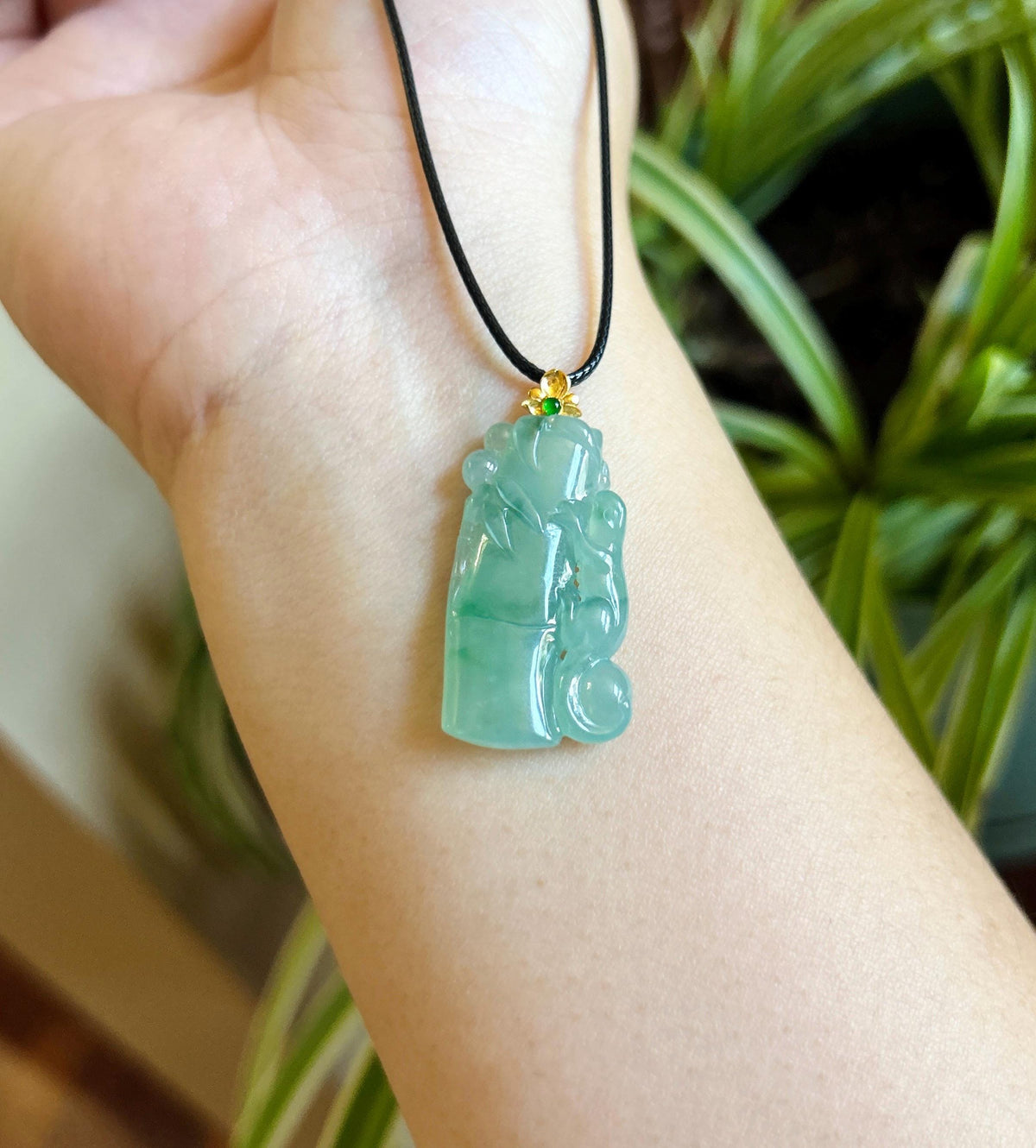 Certified Natural Jadeite Bamboo & Lizard Pendant | Burmese Type A Icy Translucent Bluish Green Floral Jade | 18K Solid Gold Bail