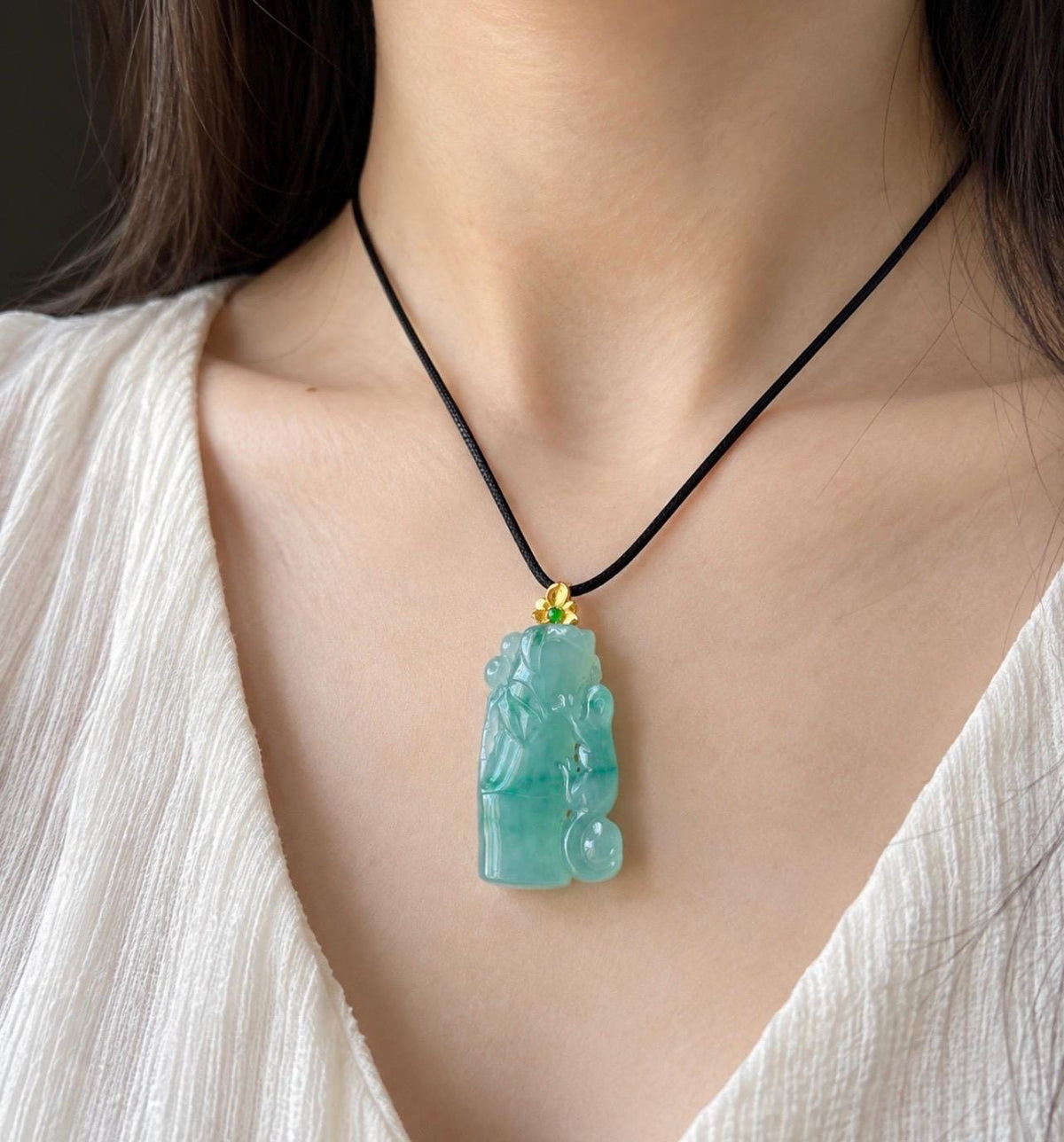 Certified Natural Jadeite Bamboo & Lizard Pendant | Burmese Type A Icy Translucent Bluish Green Floral Jade | 18K Solid Gold Bail