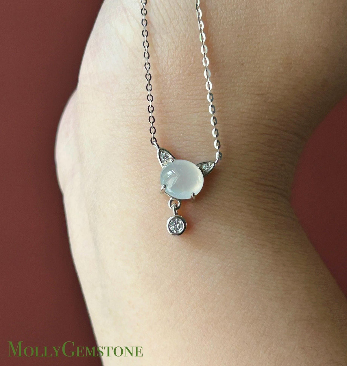 Certified Natural Jadeite Cat Necklace, Burmese Type A Icy White Jade Cabochon, Highly Translucent, 925 Sterling Silver