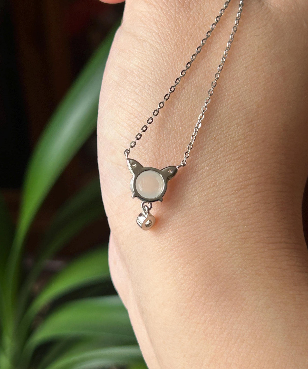 Certified Natural Jadeite Cat Necklace, Burmese Type A Icy White Jade Cabochon, Highly Translucent, 925 Sterling Silver