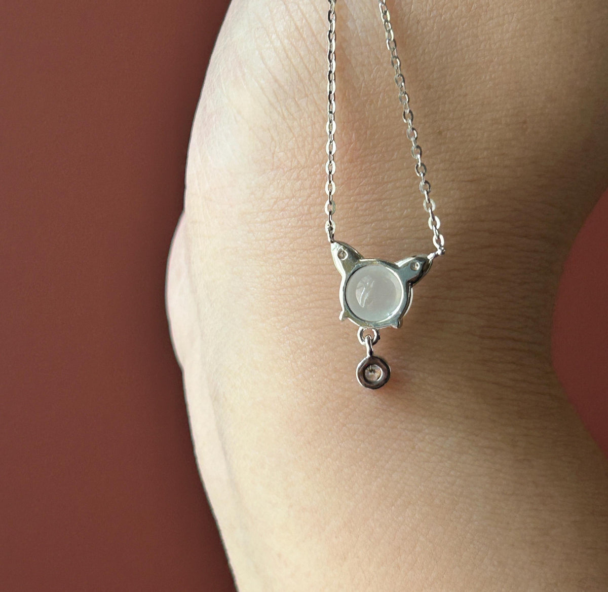 Certified Natural Jadeite Cat Necklace, Burmese Type A Icy White Jade Cabochon, Highly Translucent, 925 Sterling Silver