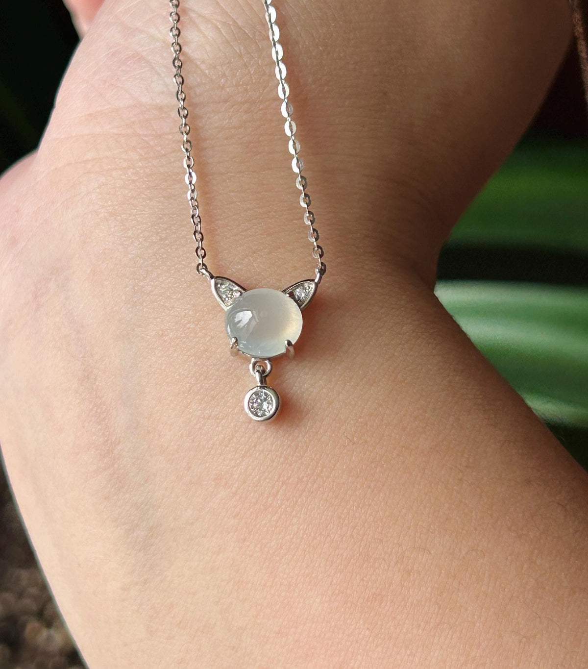 Certified Natural Jadeite Cat Necklace, Burmese Type A Icy White Jade Cabochon, Highly Translucent, 925 Sterling Silver