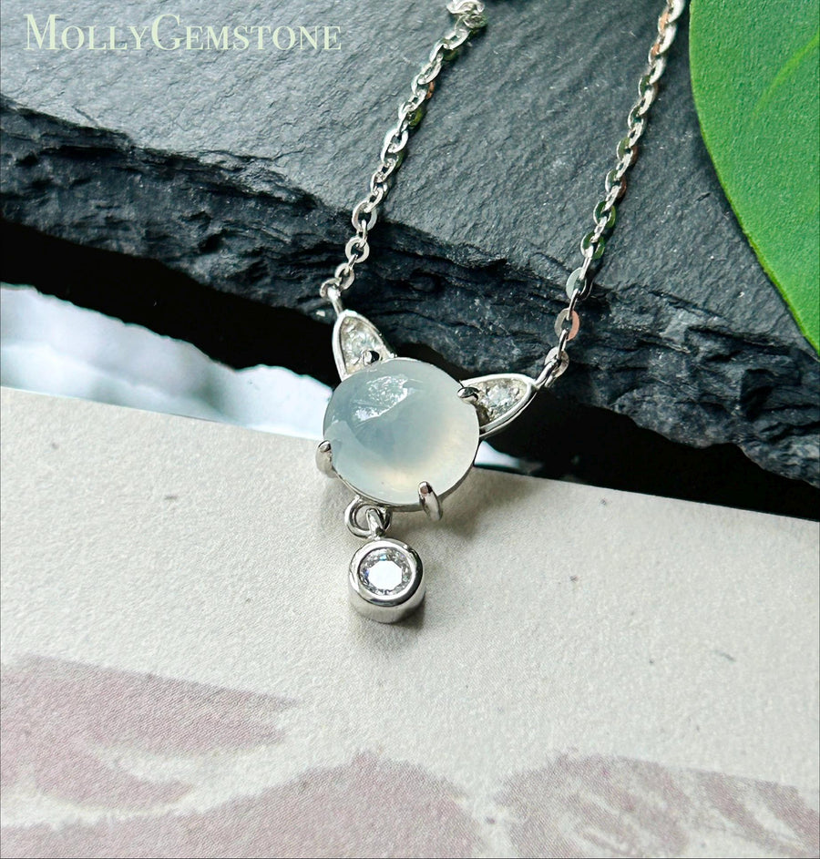 Certified Natural Jadeite Cat Necklace, Burmese Type A Icy White Jade Cabochon, Highly Translucent, 925 Sterling Silver