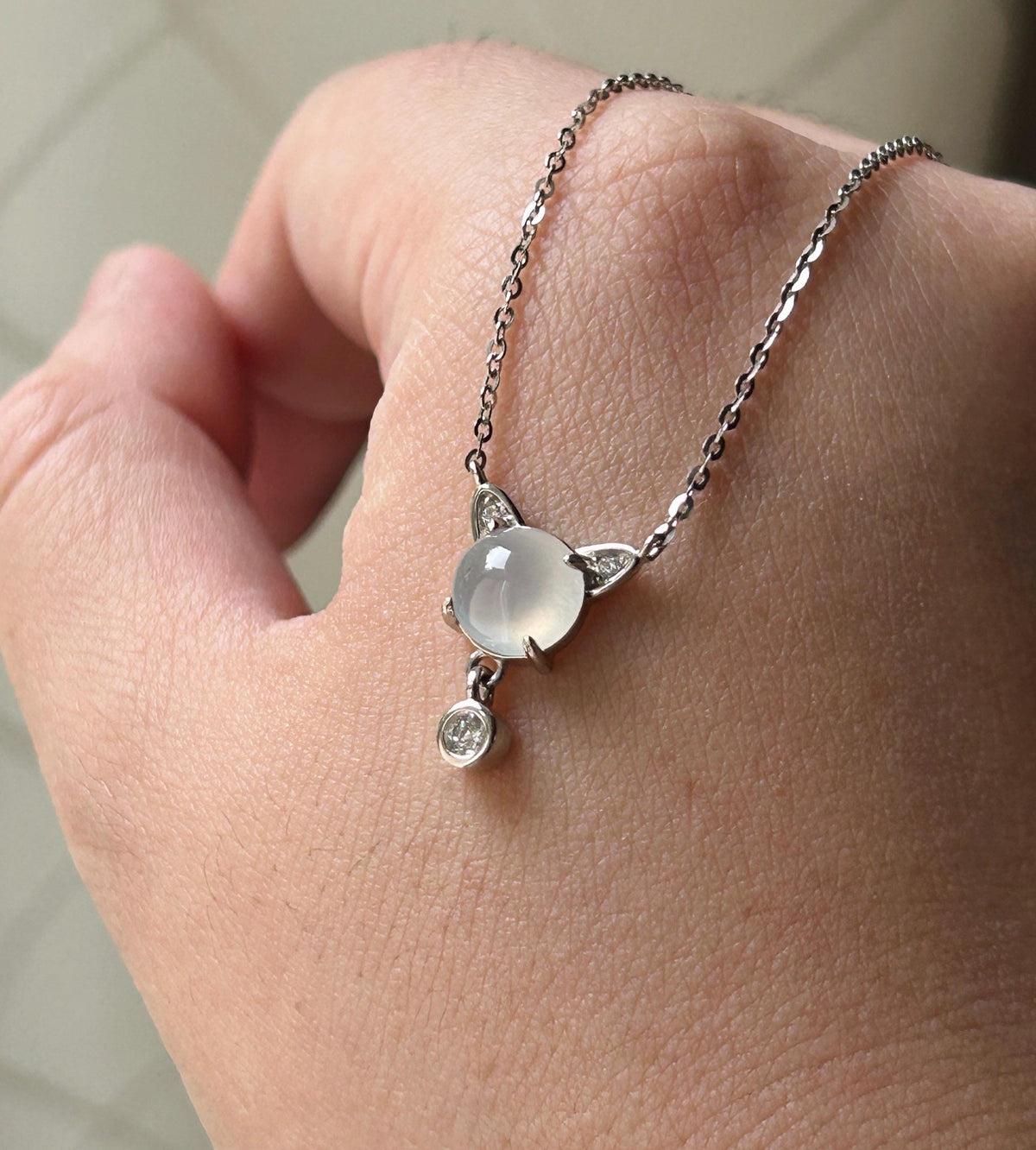 Certified Natural Jadeite Cat Necklace, Burmese Type A Icy White Jade Cabochon, Highly Translucent, 925 Sterling Silver