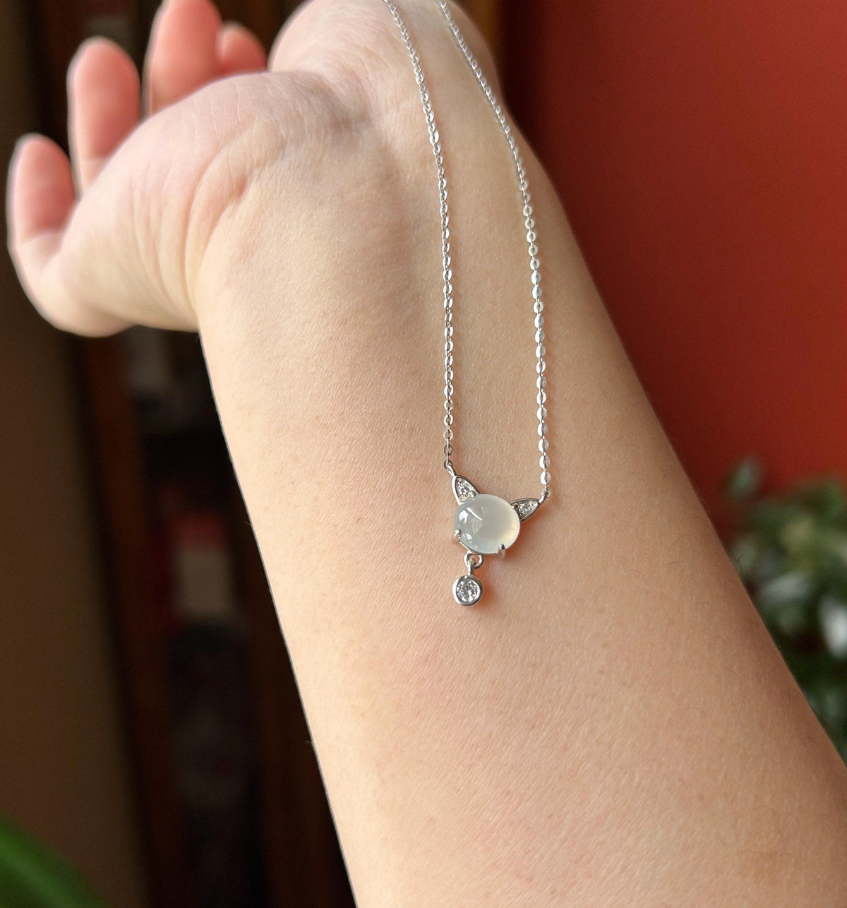 Certified Natural Jadeite Cat Necklace, Burmese Type A Icy White Jade Cabochon, Highly Translucent, 925 Sterling Silver
