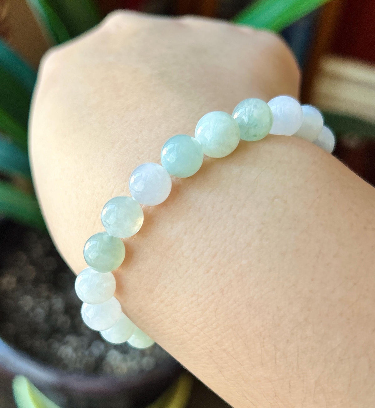 Natural Jadeite Beaded Bracelet, Burmese Type A Fine Glutinous Icy Green & White Multicolor Jade, 9mm