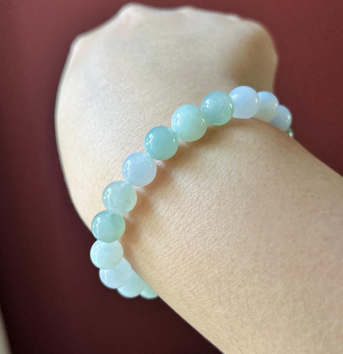 Natural Jadeite Beaded Bracelet, Burmese Type A Fine Glutinous Icy Green & White Multicolor Jade, 9mm