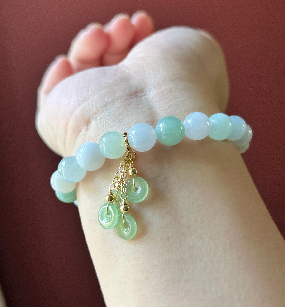 Natural Jadeite Beaded Bracelet, Burmese Type A Fine Glutinous Icy Green & White Multicolor Jade, 9mm