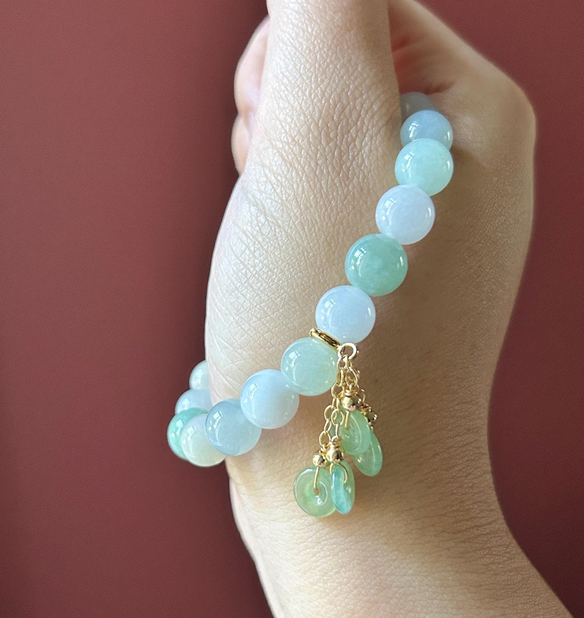 Natural Jadeite Beaded Bracelet, Burmese Type A Fine Glutinous Icy Green & White Multicolor Jade, 9mm