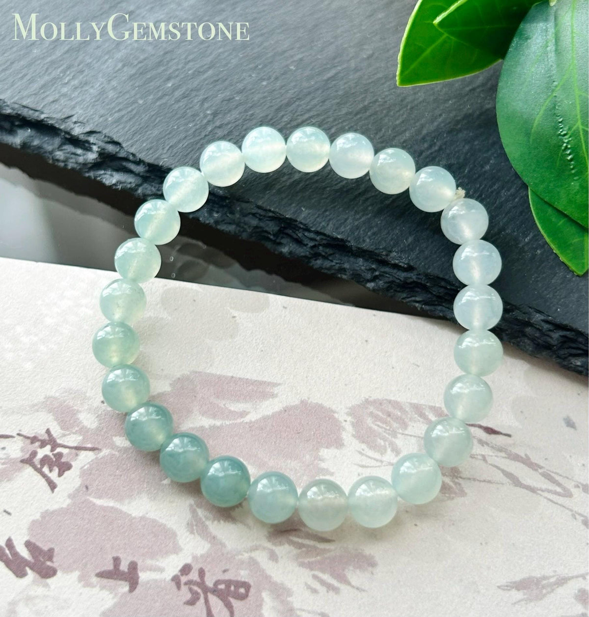 Natural Jadeite Beaded Bracelet, Burmese Type A Highly Translucent Icy Gradient Multicolor - Green & White Jade Beads, 7mm