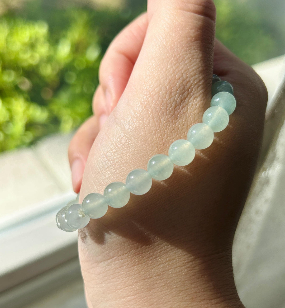 Natural Jadeite Beaded Bracelet, Burmese Type A Highly Translucent Icy Gradient Multicolor - Green & White Jade Beads, 7mm