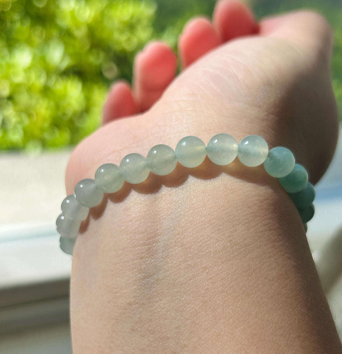 Natural Jadeite Beaded Bracelet, Burmese Type A Highly Translucent Icy Gradient Multicolor - Green & White Jade Beads, 7mm