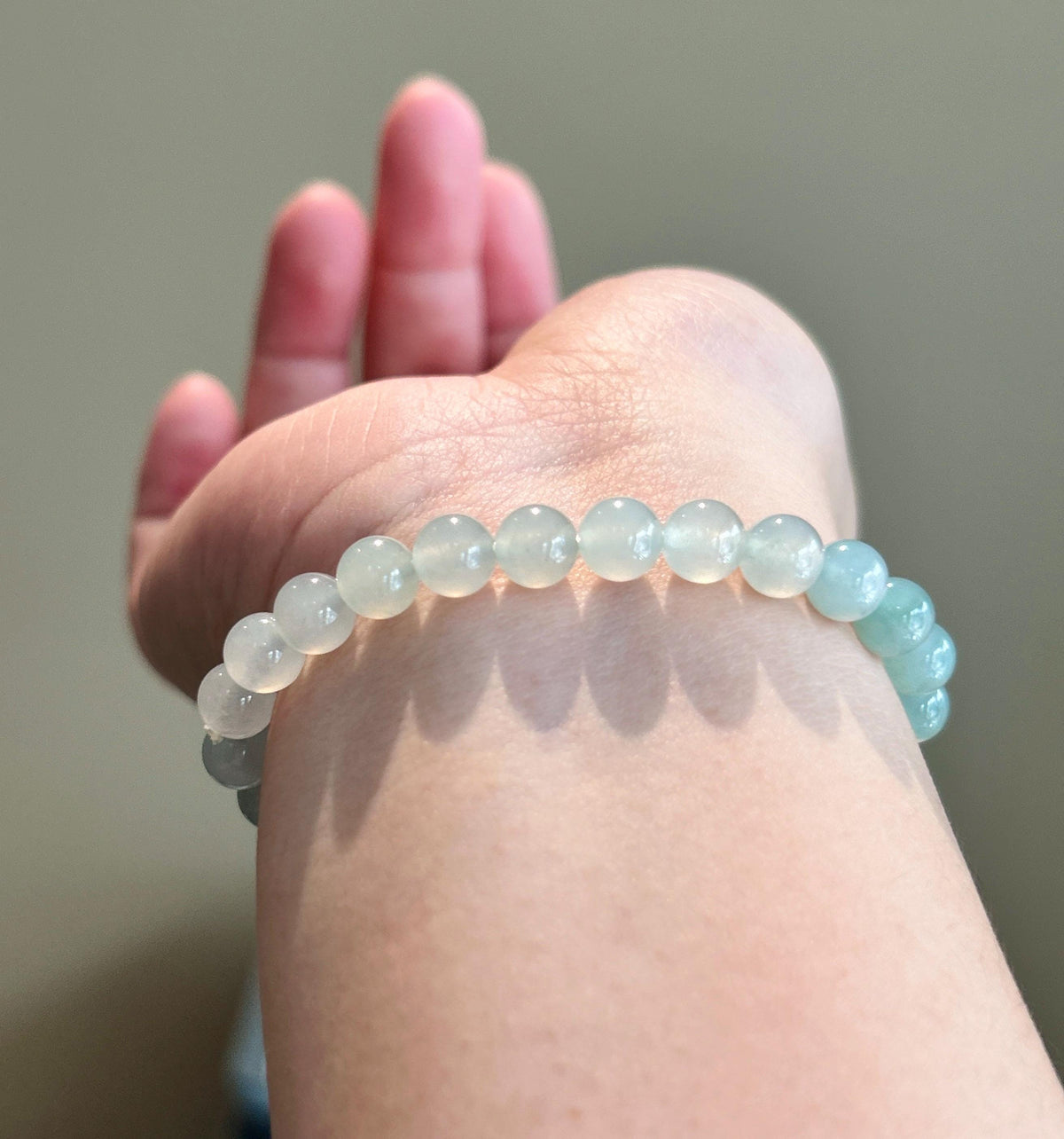 Natural Jadeite Beaded Bracelet, Burmese Type A Highly Translucent Icy Gradient Multicolor - Green & White Jade Beads, 7mm