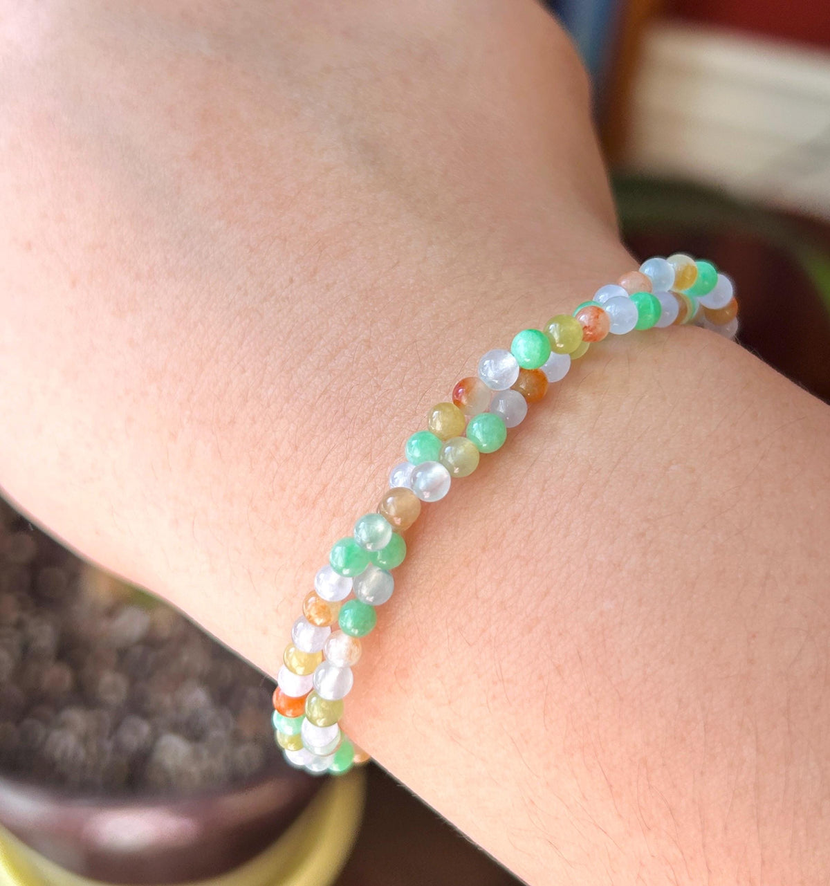 Natural Jadeite Twisted Bracelet, Burmese Type A Icy Rainbow Multicolor Jade, 3.4mm Mini Beads, Double Strand