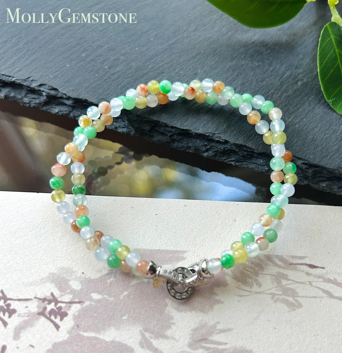 Natural Jadeite Twisted Bracelet, Burmese Type A Icy Rainbow Multicolor Jade, 3.4mm Mini Beads, Double Strand
